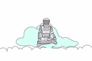 Single continuous line drawing young astronaut meditates and resting in yoga position on clouds. Relaxing after galactic expedition. Cosmonaut deep space. One line graphic design vector illustration