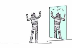 Single continuous line drawing happy astronaut look in mirror with raised hands. Reflection in mirror. Victory or success in space expedition. Cosmonaut deep space. One line design vector illustration