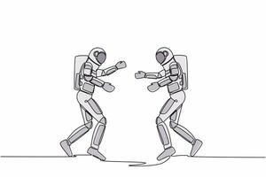 Single one line drawing two young astronaut running face to face while getting ready to hug. Break a happiness between two friends. Cosmic galaxy space. Continuous line draw design vector illustration