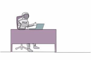 Single one line drawing of astronaut giving thumbs up sign in front of laptop at working desk. Feeling good after galactic exploration. Cosmic galaxy space. Continuous line design vector illustration