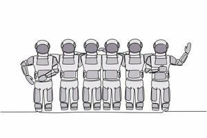 Single one line drawing group of astronaut are hugging. Happy friendship day with diverse friends of spaceman hugging together. Cosmic galaxy space. Continuous line graphic design vector illustration