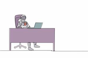 Single continuous line drawing astronaut relaxed at desk and drink cup of coffee. Take break after exploring outer space planets. Cosmonaut deep space. One line draw graphic design vector illustration