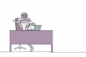 Single one line drawing scared young astronaut looking at laptop computer screen in working desk. Spaceship crash tragedy. Cosmic galaxy space. Continuous line draw graphic design vector illustration