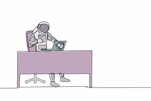 Single one line drawing of angry young astronaut breaks his laptop computer hitting it with clenched fist at working desk. Cosmic galaxy space. Continuous line draw graphic design vector illustration