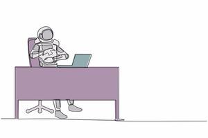 Single continuous line drawing of young astronaut laughing out loud while pointing his finger at laptop computer in working desk. Cosmonaut deep space. One line draw graphic design vector illustration