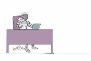 Continuous one line drawing astronaut typing and sending messages at working desk. Researching preparations for launching spacecraft. Cosmonaut outer space. Single line draw design vector illustration