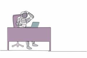 soltero uno línea dibujo confuso joven astronauta trabajando en computadora ordenador portátil a escritorio. futuro espacio tecnología desarrollo. cósmico galaxia espacio. continuo línea dibujar gráfico diseño vector ilustración