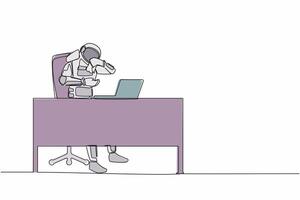 Single continuous line drawing astronaut crying while wiping tears using tissue at working desk. Failed in spaceship engineering. Cosmonaut deep space. One line draw graphic design vector illustration