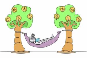 Single one line drawing of astronaut typing with laptop in hammock tied on money tree with dollar coin. Relaxing after space expedition. Cosmic galaxy space. Continuous line design vector illustration