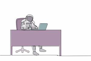 Continuous one line drawing astronaut writing and sitting in front of laptop at working desk. Planning for spaceship expedition. Cosmonaut outer space. Single line graphic design vector illustration