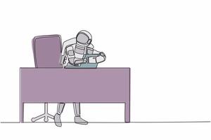 Continuous one line drawing of young astronaut sitting and hugging laptop at office desk. Accomplish interstellar expedition. Cosmonaut outer space. Single line draw graphic design vector illustration