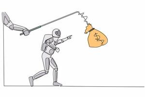 Single one line drawing hand with fishing rod and money bag control greedy astronaut. Selfishness to get more bonus from space industry. Cosmic galaxy space. Continuous line design vector illustration