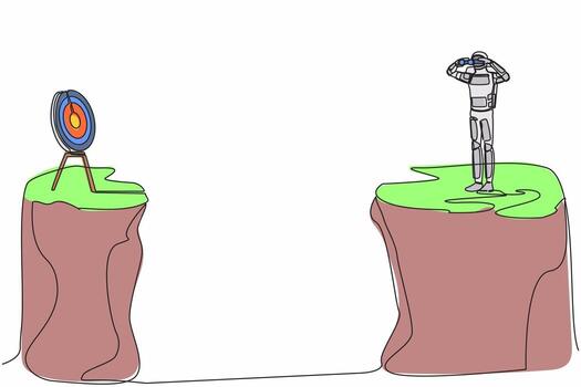 Continuous one line draw astronaut standing on cliff with binoculars looking for target on another cliff. Focus in spaceship innovation. Cosmonaut outer space. Single line design vector illustration