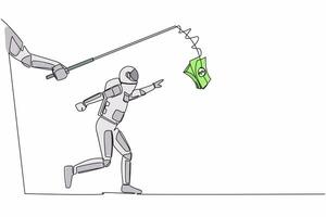 Single continuous line drawing hand with fishing rod and banknote controlling astronaut. Greedy to get more profit from space industry. Cosmonaut deep space. One line draw design vector illustration