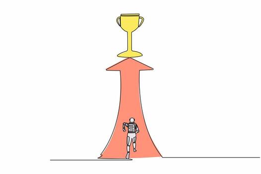 Single one line drawing back view young astronaut running and reach for trophy. Ability to win in space exploration race. Cosmic galaxy space. Continuous line draw graphic design vector illustration