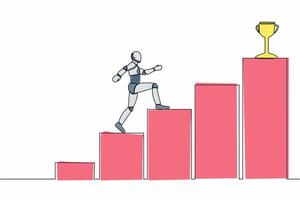 soltero continuo línea dibujo de robot caminando en grafico escalera a obtener trofeo. camino a lograr meta. robótico artificial inteligencia. tecnología industria. uno línea gráfico diseño vector ilustración