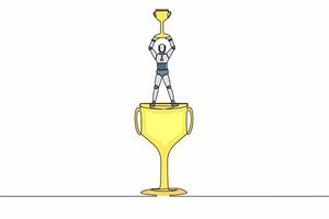 Single one line drawing robot standing above big trophy and lifting up winner cup. Celebrating his tech business award. Artificial intelligence process. Continuous line draw design vector illustration