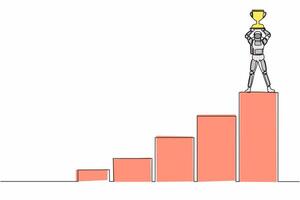 Single continuous line drawing astronaut climb graph staircase to reach and lifting up trophy. Successful in interstellar spaceship journey. Cosmonaut deep space. One line design vector illustration