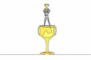 Single continuous line drawing astronaut standing above big trophy and lifting up winner cup. Celebrating spaceship competition award. Cosmonaut deep space. One line graphic design vector illustration