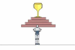 Continuous one line drawing robot standing in front of staircase with trophy cup on the top. Path to success. Humanoid cybernetic organism. Robotic development. Single line design vector illustration