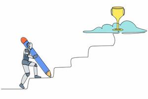 Single continuous line drawing of robot using huge pencil to draw stairs and walk climbing up to reach trophy. Robotic artificial intelligence. Technology industry. One line design vector illustration