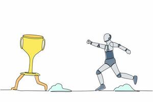 Single continuous line drawing robot trying to catch and running chasing after run away winner trophy. Robotic artificial intelligence. Technology industry. One line graphic design vector illustration