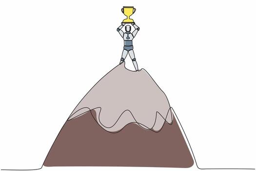 Single one line drawing robot lifting up trophy on top of high mountain. Success, goal, achievement. Future technology development. Machine learning process. Continuous line design vector illustration