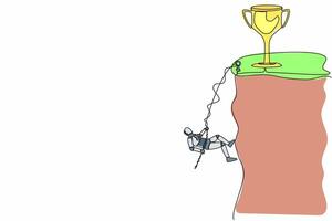 Continuous one line drawing robot climber hanging on rope and pulling himself on top of rocky mountain wall to reach trophy. Future robotic development. Single line design vector graphic illustration