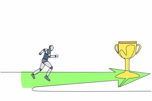 soltero continuo línea dibujo de robot corriendo a dorado trofeo. tecnología negocio dirección. robótico artificial inteligencia. electrónico tecnología industria. uno línea gráfico diseño vector ilustración