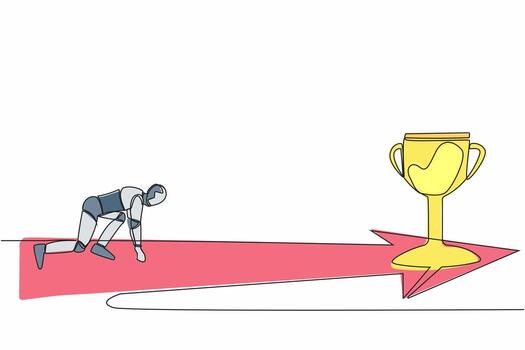 Single one line drawing side view robot ready to run to trophy. Vision mission tech business. Artificial intelligence machine learning process. Continuous line draw graphic design vector illustration
