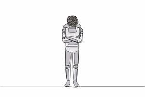 Single one line drawing young astronaut with round scribble instead of head, standing with folded arm pose in moon surface. Cosmic galaxy space. Continuous line draw graphic design vector illustration