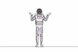 Single continuous line drawing of young astronaut with round scribble instead of head, standing with two hand raised asking questions. Cosmonaut deep space. One line graphic design vector illustration