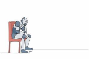 Continuous one line drawing robot hold his head sitting on chair. Regret on mistake, frustration, depressed. Humanoid cybernetic organism. Future robotic. Single line draw design vector illustration