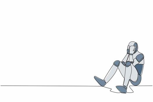 Single continuous line drawing robot cover his face by hands and sitting on the floor. Depression disorder, sad, sorrow. Robotic machine learning process. One line design vector graphic illustration