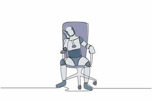 Single one line drawing robot sitting at office chair, feeling stressed, alone. Robotic artificial intelligence. Electronic technology industry. Continuous line draw design graphic vector illustration