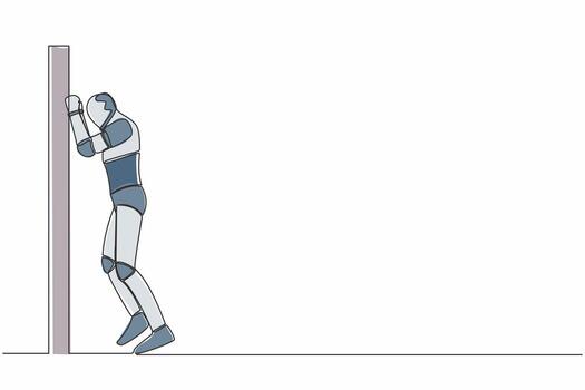 Single continuous line drawing robot crying sad lost opportunity. Depressed with wailing on the wall losing job. Future technology. Machine learning process. One line draw design vector illustration
