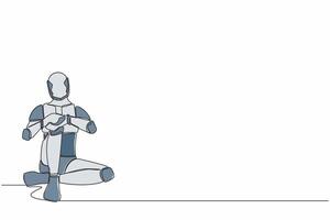 Continuous one line drawing sad robot sitting alone on the floor. Depressed, disorder, sorrow. Humanoid cybernetic organism. Future robotic development. Single line design vector graphic illustration