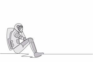 Continuous one line drawing young astronaut sitting on the floor with cover his face, feeling sad due to cosmic journey failure . Cosmonaut outer space. Single line graphic design vector illustration