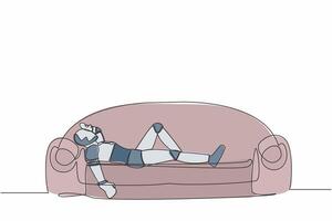 Continuous one line drawing of frustrated robot holding his head lying on sofa. Stressed and anxiety on failure. Humanoid robot cybernetic organism. Single line draw graphic design vector illustration