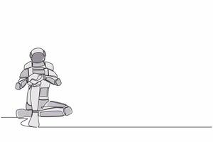 Single one line drawing sad astronaut sitting alone on the floor. Depressed, disorder, sorrow. Spacecraft industry failure. Cosmic galaxy space. Continuous line draw graphic design vector illustration