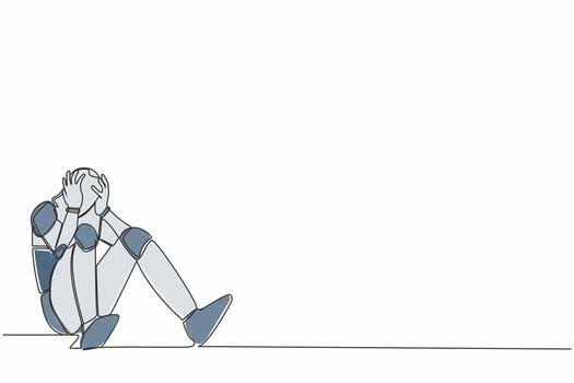 Single continuous line drawing robot feeling sad, depression, holding head, and sitting on the floor. Artificial intelligence and machine learning process. One line graphic design vector illustration