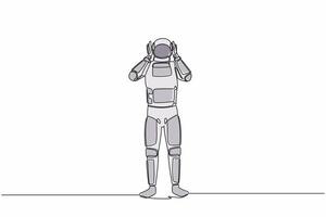 Single continuous line drawing of astronaut has headache, hands on his head, migraine, pain head due to spacecraft company bankruptcy. Cosmonaut deep space. One line graphic design vector illustration