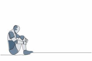 Single continuous line drawing depressed robot suffer emotion sadness melancholy sitting in despair on the floor. Artificial intelligence and machine learning. One line draw design vector illustration