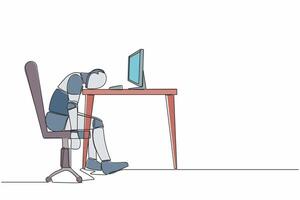 Single one line drawing exhausted sick tired robot sad boring sitting with head down on desk. Robotic artificial intelligence. Technology industry. Continuous line design graphic vector illustration