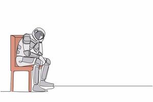 Single continuous line drawing of depressed astronaut hold his head sitting on chair. Regret on galactic journey mission mistake. Cosmonaut deep space. One line draw graphic design vector illustration