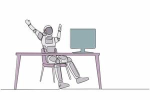 Single continuous line drawing happy astronaut sitting with raised hands near desk with computer. Celebrate successful in cosmic mission. Cosmonaut deep space. One line draw design vector illustration