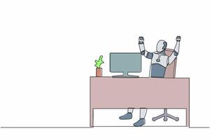Single one line drawing happy robot sitting with raised hands near desk computer. Successful business. Artificial intelligence. Technology industry. Continuous line graphic design vector illustration