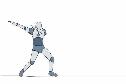 Single continuous line happy robot standing with crossing arms and look down. Future robotic development. Artificial intelligence machine learning process. One line design vector graphic illustration
