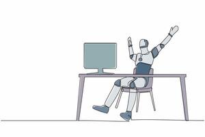 Single one line drawing happy robot sitting with raised hands near desk with computer. Artificial intelligence. Electronic technology industry. Continuous line draw graphic design vector illustration