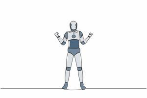 Continuous one line drawing of happy robot standing with both hands yes gesture. Humanoid cybernetic organism. Future robotic industry development. Single line draw graphic design vector illustration